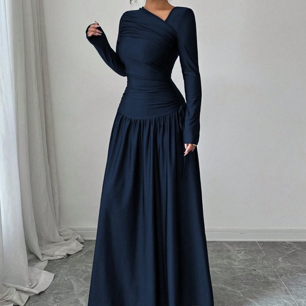 Royal Elegant Women's Oblique Collar Long Sleeve Pleated A-Line Long Dress - Picture 5 of 8